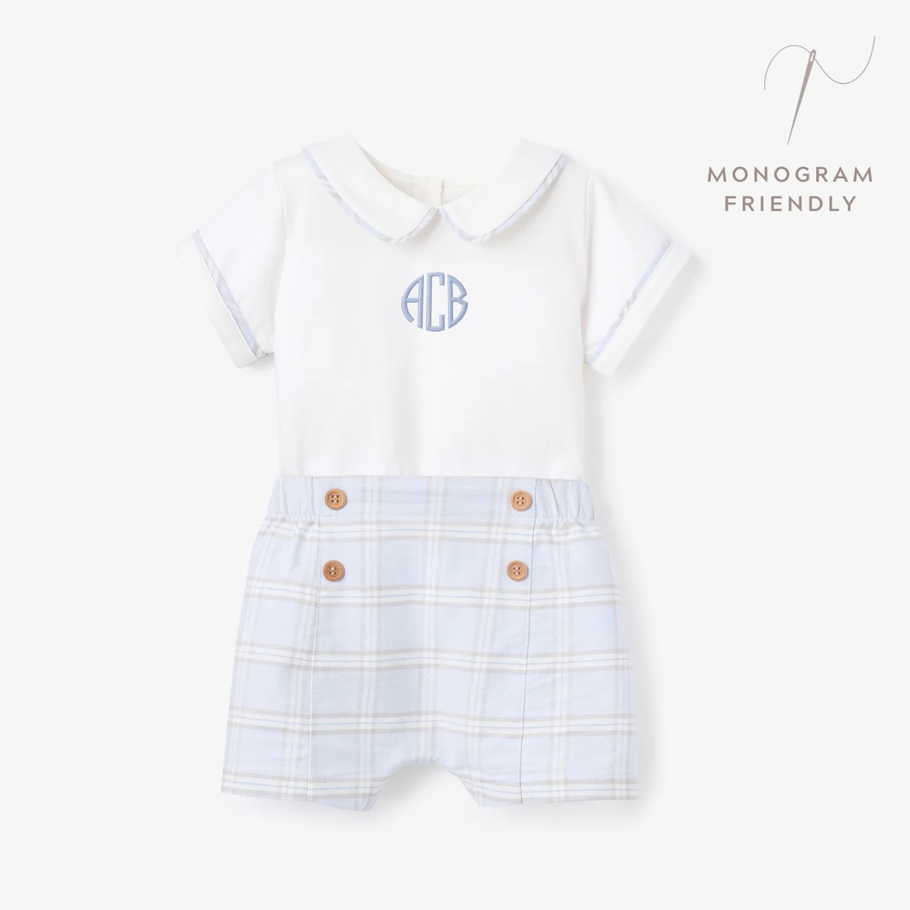 Blue Gray Plaid Trimmed Collar Bodysuit & Short Set