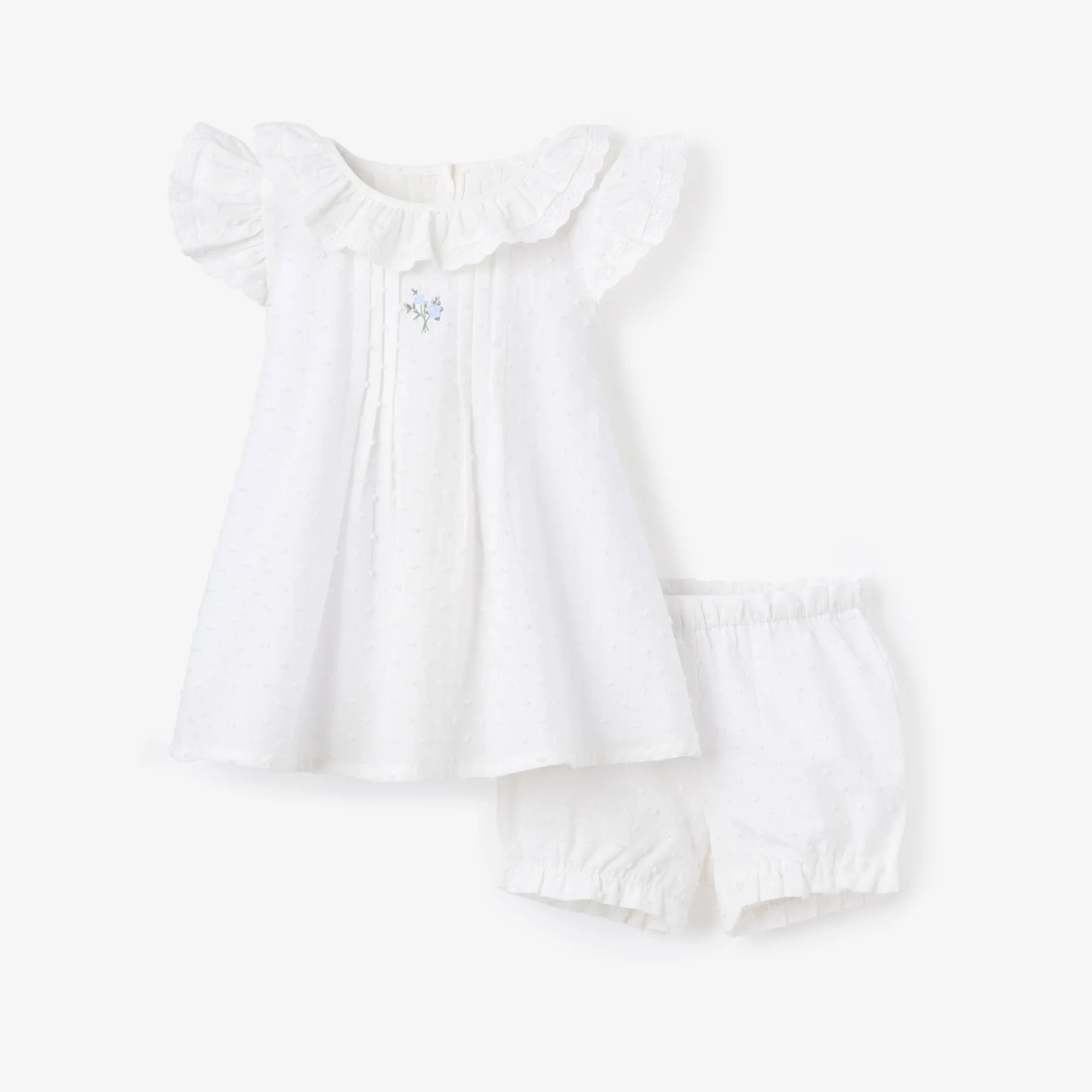 Swiss Dot Pintucked Dress w/ Rose Embroidery